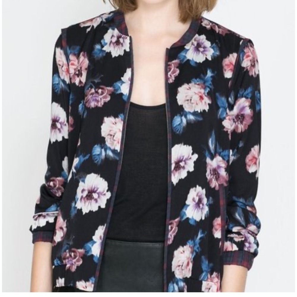 Zara Trafaluc Floral Bomber Jacket Black Pink Blue Plaid Trim Large Women